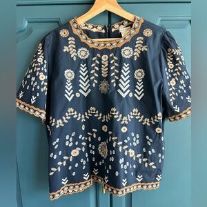 Main Strip Navy and Rust Embroidered Blouse